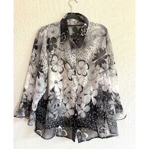 Nicola Women's Black & White Floral Sheer Button-Up Blouse Size 2X